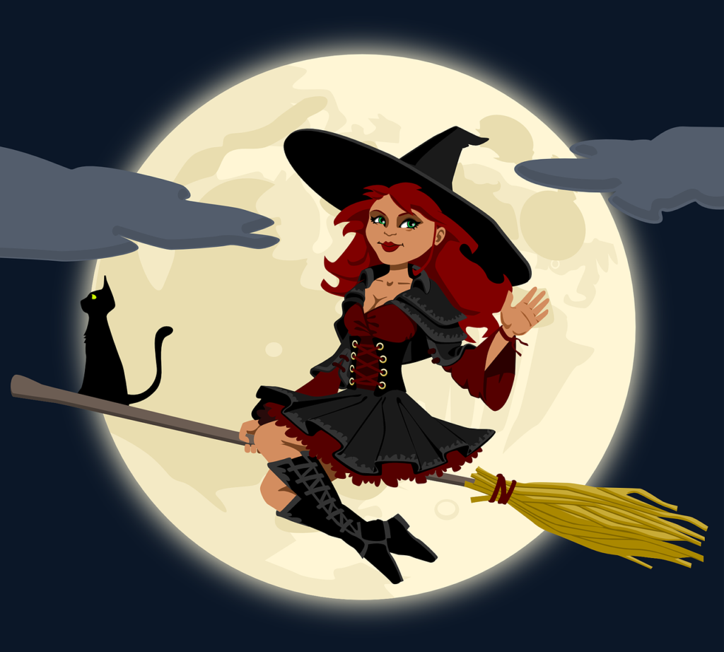 Hexe mit Schwarzer Katze fliegt mit dem Besen
